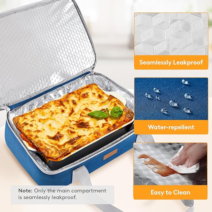 Double Decker Insulated Casserole Carrier for Hot or Cold Food, Lasagna Lugger Tote for Potluck Parties/Picnic/Cookouts, Fits 9"×13" Baking Dish, Pure Blue