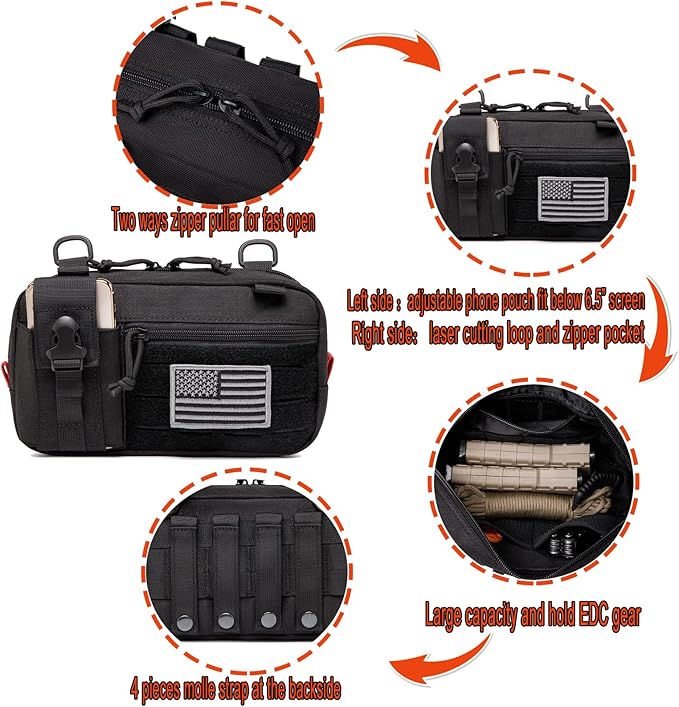 Molle Admin Pouch with Laser Cutting Loop,Car EDC EMT Molle Pouches, Large Capacity Tactical Pouch, EDC Pouch Organizer Include US Flag