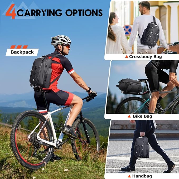 RAINSMORE Bike Bags for Bicycle Rear Rack 15L Waterproof Bike Ebike Trunk Pannier Saddle Bag with Rain Cover Bike Accessories Backpack Shoulder Bag for Commuter Travel Outdoor, Black