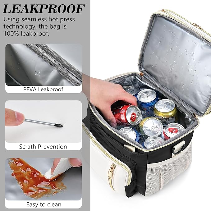 Lunch Box & Lunch Bag for Women Men, Large Insulated Adult Lunch Box Leakproof Lunchbox Cooler Bag for Work Picnic Beach,16L, Black & White
