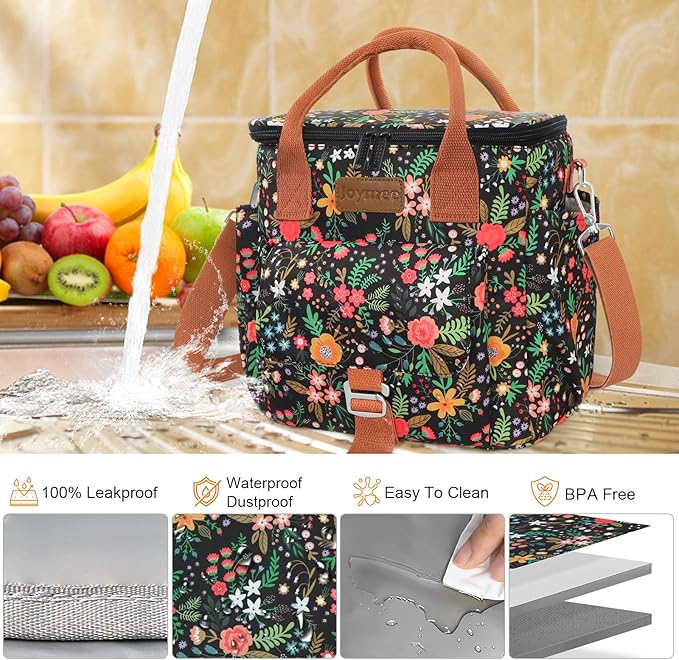 Joymee Large Insulated Lunch Bag for Women Adults, Reusable Waterproof Lunch Box for Work Picnic Camping, Small Lunch Cooler Leakproof Tote with Side Pocket Adjustable Shoulder Strap - Multi-Floral