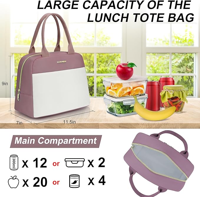LOKASS Lunch Bag for Women-Insulated Adults Lunch Box with Front Pocket- Small Cute Lunch Tote for Work-Reusable Cooler Bag for Office Picnic Beach or Travel (Pink Purple)