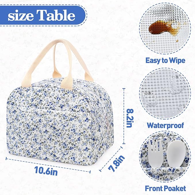 Cotton Quilted Insulated Lunch Bag, Cute Quilted Floral Lunch Tote Bags Reusable Insulated Lunch Box Coquette Aesthetic Large Capacity Insulated Cooler for Women Men Work Travel Picnic (Dark Blue)