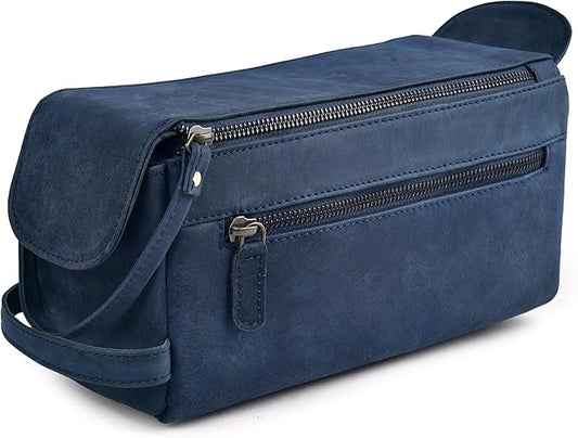 LEATHER VILLAGE Premium Leather Travel Toiletry Bag - Unisex Water-Resistant Travel Dopp Kit, Shaving & Cosmetic Organizer for Men & Women - Compact Bathroom Essentials - Royal Blue