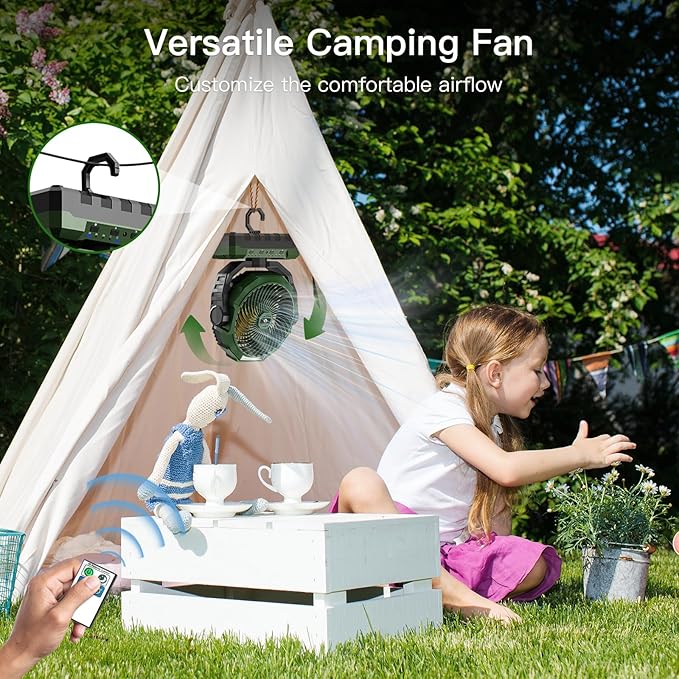 FRIZCOL 3-in-1 Camping Fan - Portable Fans Rechargeable - 24000mAh Battery Powered Fan(140Hrs) with Light & Remote for Indoor, Outdoor, Tent, Travel, BBQ, Fishing, Jobsite - Green