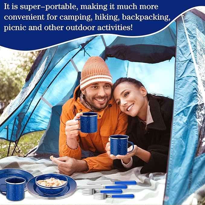 Nuogo 12 Pcs Enamel Camping Tableware Set Camping Complete Dinnerware Kit Coffee Mugs Plates Bowls Utensils Set with Knife Fork Spoon for 2 People Hiking Picnic(Blue)