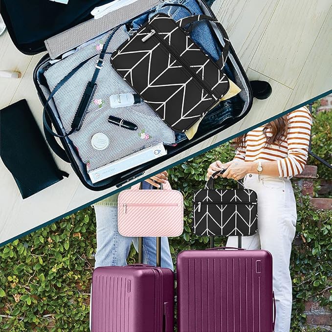 PAVILIA Hanging Toiletry Bag Travel Bag Women Men, Foldable Cosmetic Organizer, Roll up Makeup Bag, Water Resistant Accessories Toiletries, Large Travel Essentials Kit (Black Chevron)