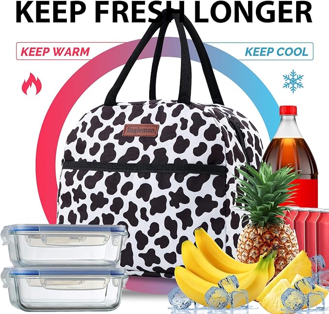 Insulated Lunch Bag for Women Men, Lunch Containers Reusable High Capacity Lunch Tote Bags for for Work Picnic (Cow Print)