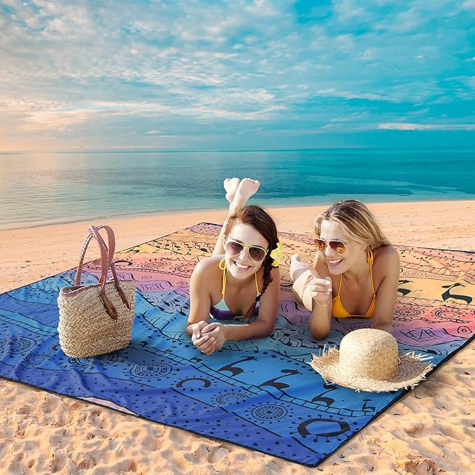 Beach Blanket Waterproof Sandproof Beach Mat 79" X 83" /10'x9'for 2-8 Adults Quick Drying Outdoor Picnic Mat Beach Accessories for Travel, Camping, Hiking