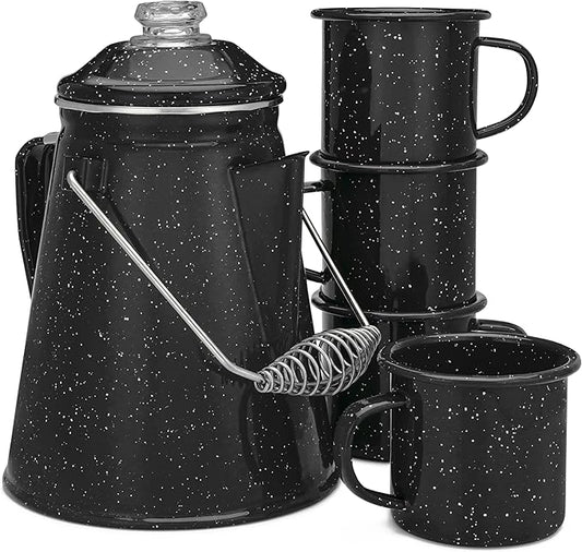 COLETTI Classic Camping Coffee Pot & Mug Set - Percolator Coffee Pot, Enamel Mug Complete Nostalgic Bundle German Imported Enamel Powder [12 oz, Set of 4] (Black)