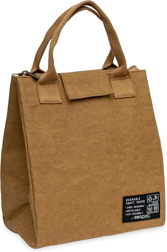 ZENPAC Brown Insulated Lunch Bags with Handles, Washable Kraft Luchbox for Men, Women, Water Resistant Cooler for Beverages, Work, School, 8.5x5.5x9.5