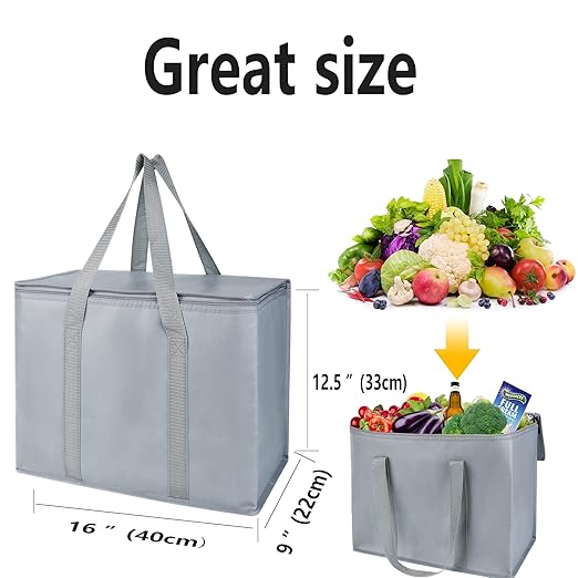 3-Pack XL-Large Insulated Grocery shopping bags, gray, Reusable, Heavy Duty, zipped zipper,Collapsible,tote,cooler,for men,women,,for car,Recycled Material Grey
