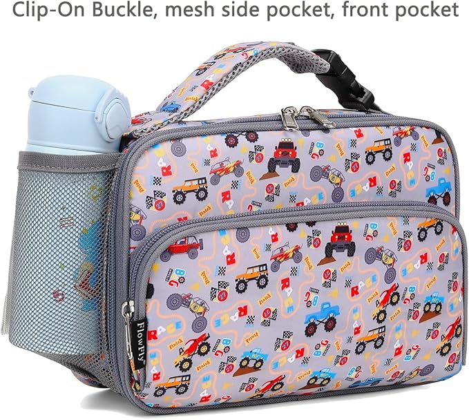 FlowFly Kids Lunch box with buckle Insulated Cooler Back to School Thermal Meal Tote Kit for Girls, Boys, Truck
