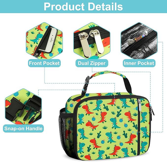 esouler Lunch Box Kids Insulated Lunch Bag for Boys & Girls Durable Children Lunchbox for School with Water Bottle Holder-Orange Dinosaur