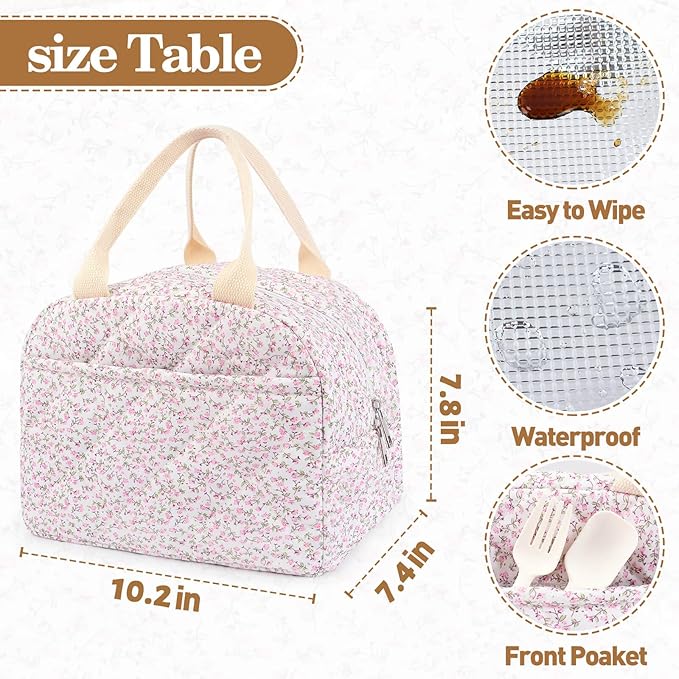 Cotton Quilted Insulated Lunch Bag, Cute Quilted Floral Lunch Tote Bags Reusable Insulated Lunch Box Coquette Aesthetic Large Capacity Insulated Cooler for Women Men Work Travel Picnic (Pink)