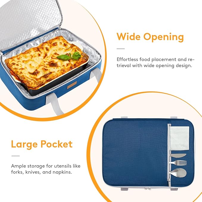 Insulated Casserole Carrier for Hot or Cold Food, Lasagna Lugger Tote for Potluck Parties/Picnic/Cookouts, Fits 9"×13" Baking Dish, Pure Blue