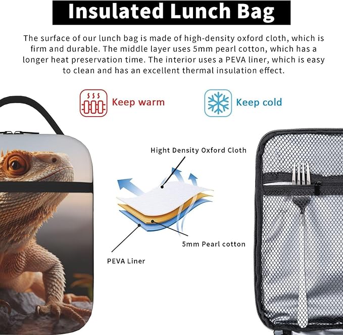 SARA NELL Bearded Dragon Insulated Lunch Bag Lizard Lunch Box for Women Men Teens Kids, Reusable Lunch Tote Bag, Leakproof Thermal Insulated Lunch Bags for Work, Picnic, School or Travel
