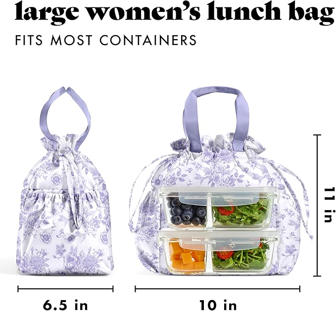 Fit & Fresh Lunch Bag For Women, Insulated Womens Lunch Bag For Work, Stain-Resistant Large Lunch Box For Women With Containers, Cinch Closure Cromwell Bag, Lavender Floral Toile