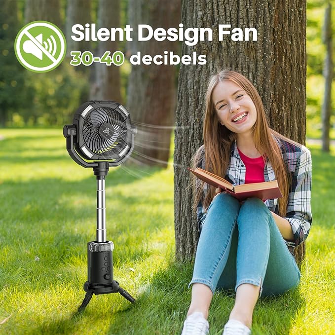 Portable Camping Fan, 20000mAh Rechargeable Fan with Lights, Battery Powered, with Remote &Hook, Height Adjustable, 360° Oscillation, for Outdoor, Tent, Travel, Fishing