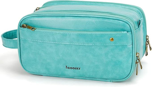 Travel Toiletry Bag for Men, Large Hanging Toiletries Organizer Bags for Women, Cruise Ship Essentials, Water-resistant Shaving Case, PU Leather Makeup Accessories, Cosmetic Dopp Kit, Lake Blue