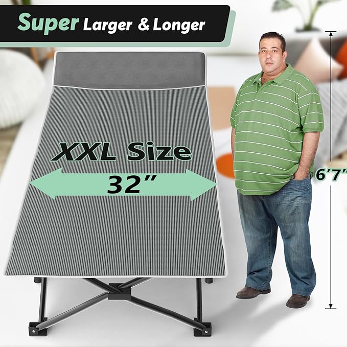 Slendor Oversized XXL Camping Cot, Folding Cot for Adults, 79" L x 32" W x 19" H Sleeping Cot with Mattress, Carry Bag, Camp Cot Bed for Travel, Guest, Support 500lbs, Stripe Grey Cot+ Grey Pad