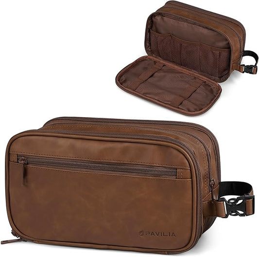 PAVILIA Toiletry Bag for Men, Travel Toiletries Bag | Water-resistant Dopp Kit, PU Leather Shaving Pouch Organizer for Accessories, Cosmetic, Hygiene, Grooming Essentials (Black)