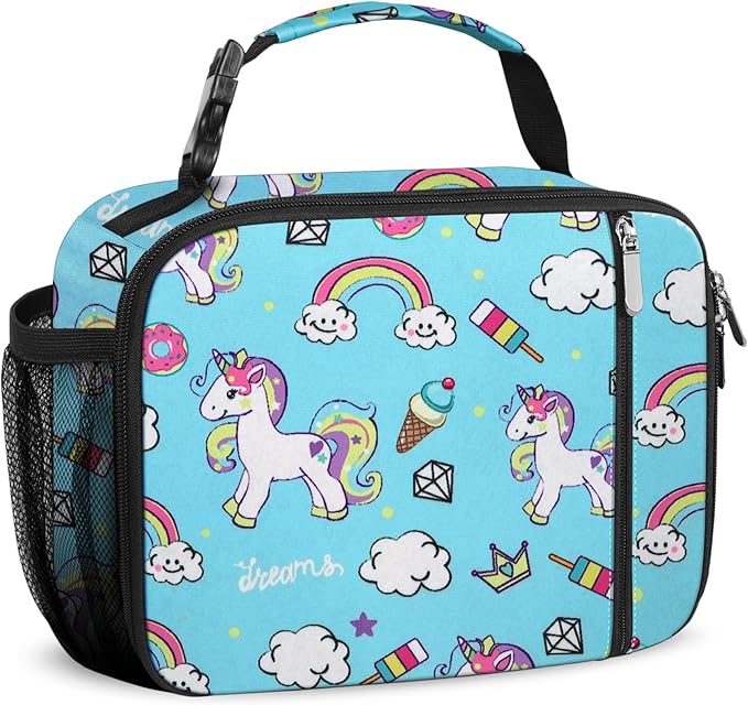 esouler Lunch Box Kids Insulated Lunch Bag for Boys & Girls Durable Children Lunchbox for School with Water Bottle Holder-Blue Unicorn