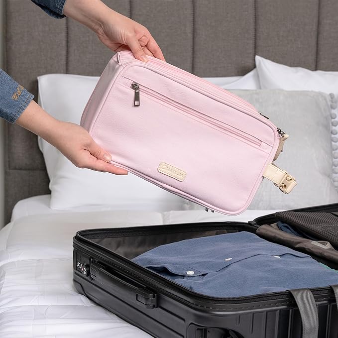 PAVILIA Toiletry Bag for Women, Canvas Travel Dopp Kit, Water Resistant Hygiene Bag Toiletries Organizer, Shaving Kit Travel Accessories Bag, Pink, Extra Large