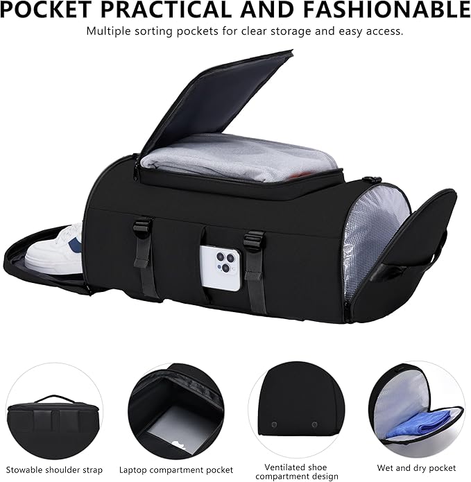 Gym Bag for Men and Women Sports Duffle Bag Travel Backpack Weekender Overnight Bag with Shoes Compartment and Wet Pocket Black - MIYCOO