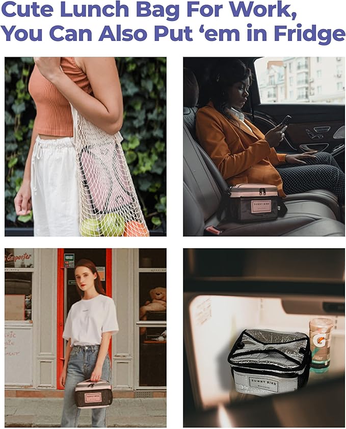 SUNNY BIRD Foldable Insulated Lunch Bag Leakproof Thermal Lunch Box for Women Men Teen with Shoulder Strap (Grapefruit Pink)