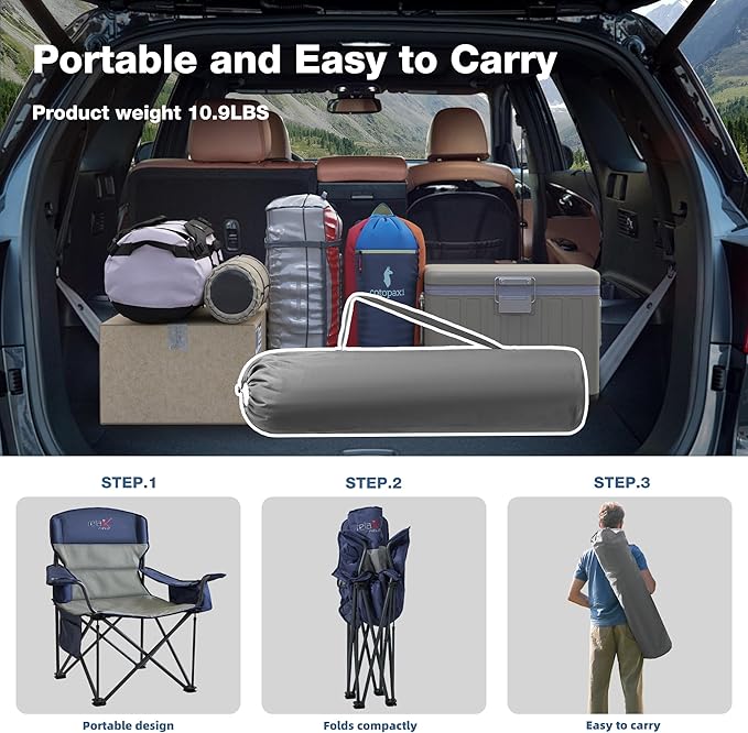 Oversized Folding Camping Chair, Heavy Duty Support 500LBS Outdoor Chair with Cup Holder Storage and Cooler Pouch, Collapsible Padded Arm Chair for Sports Garden Beach Fishing, Blue