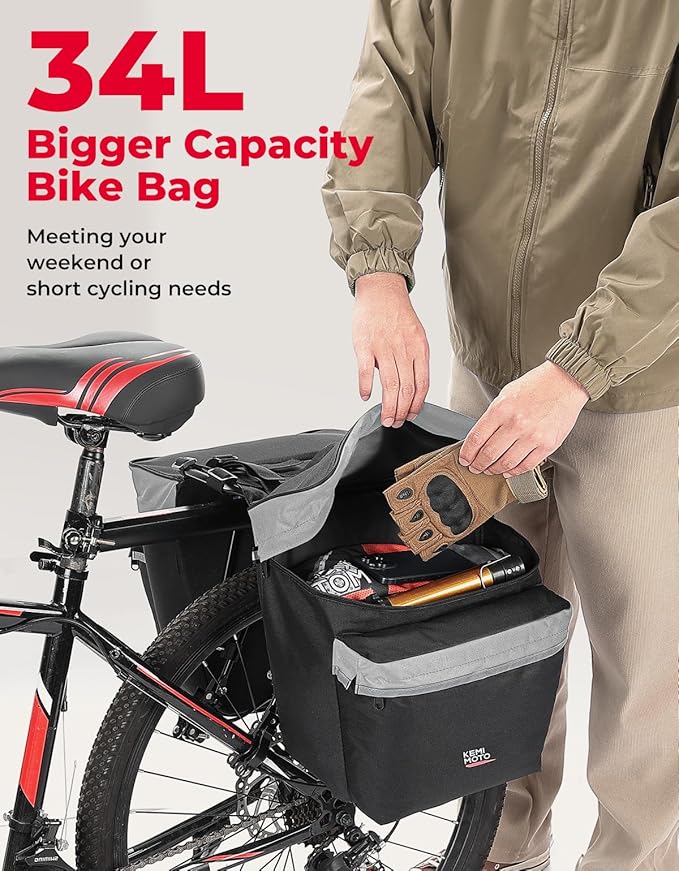 KEMIMOTO Bike Bag Bicycle Panniers Rear Rack Bag, 34L Large Capacity Water Resistant Bicycle Trunk Bag, Bike Saddle Bag for Grocery Shopping, Support for Width Less Than 6 inches Bike Rack, Grey