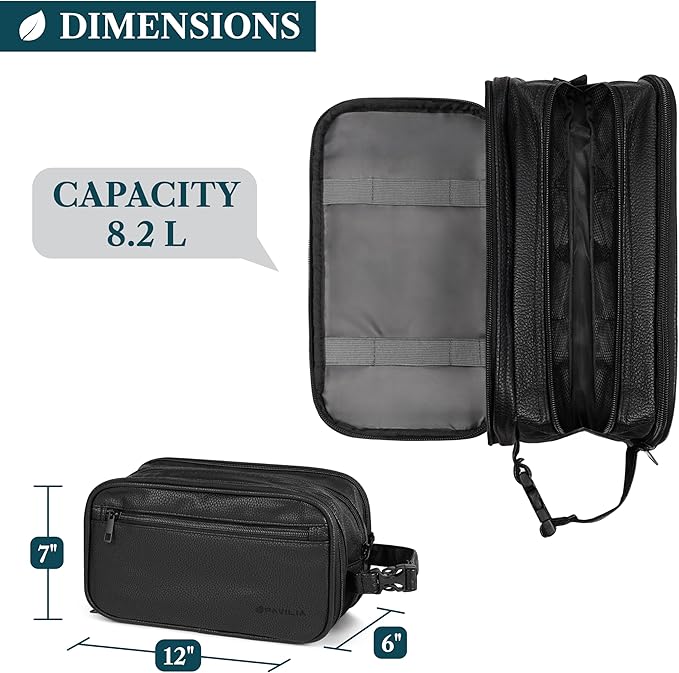 PAVILIA Toiletry Bag for Men, Travel Toiletries Bag | Water-resistant Dopp Kit, PU Leather Shaving Pouch Organizer for Accessories, Cosmetic, Hygiene, Grooming Essentials (Black)