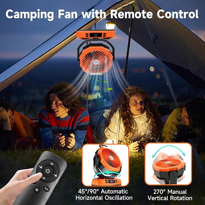 Camping Fan Rechargeable Portable Fan, 40000mAh Battery Powered Fan with LED Light, 6 Wind Speeds Cordless USB Desk Fan for Tent, Travel (Orange)