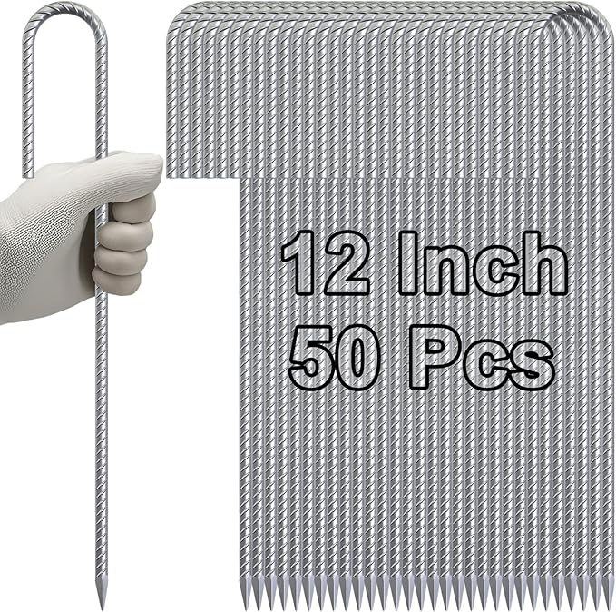 VVOKGO Rebar-Stakes-12-Inch Galvanized Ground Spikes,50 Pack J Hook Tent Stakes Heavy Duty Anti-Rust Fence Anchors with Chisel Point End, Securing Pins, Soccer Goals, Camping Tents, Garden Decoration