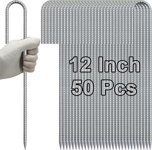 VVOKGO Rebar-Stakes-12-Inch Galvanized Ground Spikes,50 Pack J Hook Tent Stakes Heavy Duty Anti-Rust Fence Anchors with Chisel Point End, Securing Pins, Soccer Goals, Camping Tents, Garden Decoration