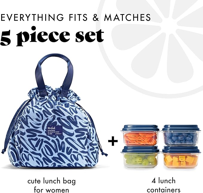 Fit & Fresh Lunch Bag For Women, Insulated Womens Lunch Bag For Work, Stain-Resistant Large Lunch Box For Women With Containers, Cinch Closure Cromwell Bag Navy Brush Strokes