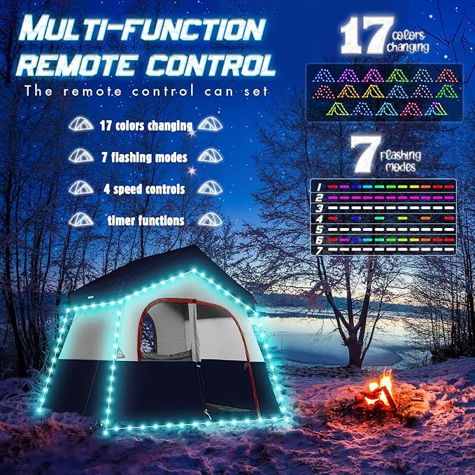 Camping Tent String Lights (40FT), 17 Colors 7 Flashing Modes LED Rope Lights Battery Operated with Remote Control, Waterproof Camping Tent Light Outdoor for Night Camping, RV (Tent Not Include)