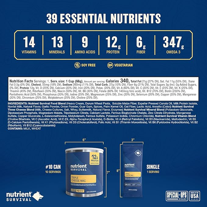 Nutrient Survival MRE Triple Cheese Mac, Ready to Eat Meals (10 Servings) Freeze Dried Prepper Supplies & Emergency Food Supply, 40 Essential Nutritients, Shelf Stable Up to 25 Years, One Can