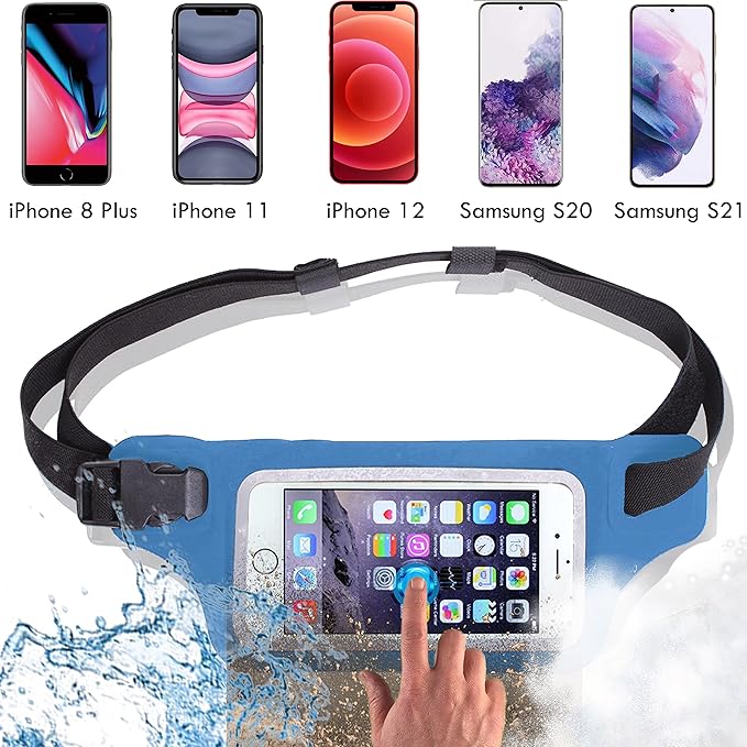 Ultimate Blue Waterproof Running Swimming Belt: Phone & Essentials Holder for Gym, Beach, Kayaking, Ski! Fits iPhone, Samsung - Touchscreen, IPX8 Rated Dry Waist Pouch - Adventure-Ready Performance!