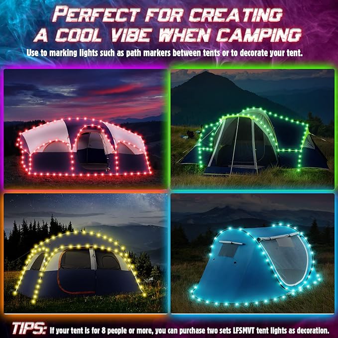 Camping Tent String Lights (40FT), 17 Colors 7 Flashing Modes LED Rope Lights Battery Operated with Remote Control, Waterproof Camping Tent Light Outdoor for Night Camping, RV (Tent Not Include)