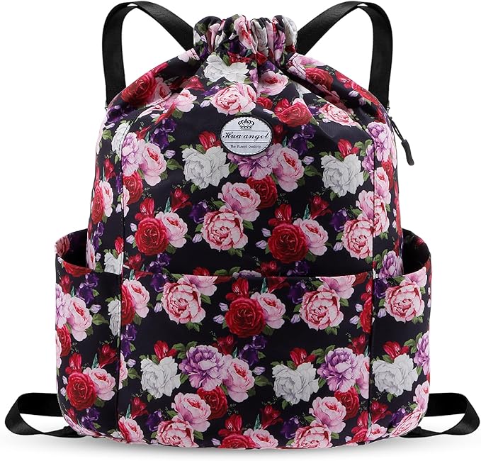HUA ANGEL Floral Print Drawstring Bag - Lightweight Waterproof Cinch Sackpack with Side Pocket for Men & Women Travel Gym Bag