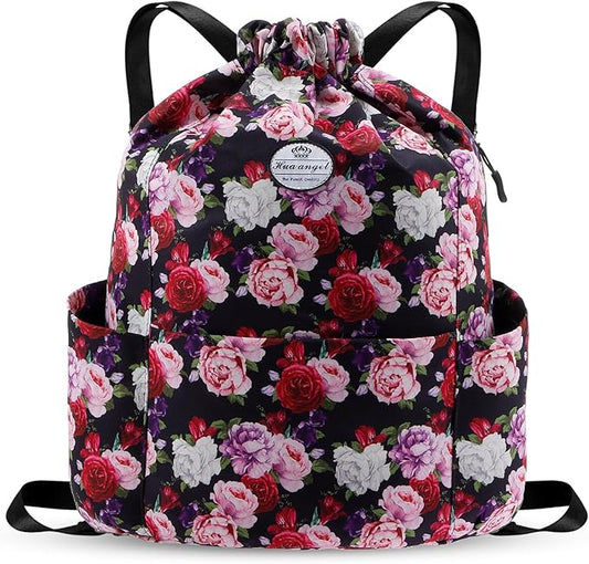HUA ANGEL Floral Print Drawstring Bag - Lightweight Waterproof Cinch Sackpack with Side Pocket for Men & Women Travel Gym Bag