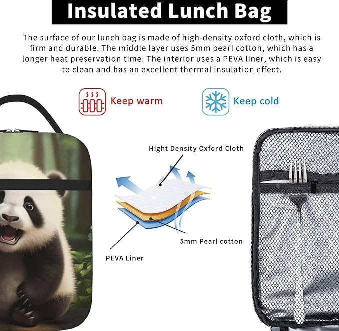 SARA NELL Panda Insulated Lunch Bag Cute Panda Lunch Box for Women Men Teens Kids, Reusable Lunch Tote Bag, Thermal Insulated Lunch Bags for Work, Picnic, School or Travel, Black and White