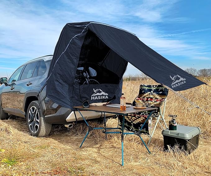 Hasika SUV Camping Tent Car Tailgate Shade Awning with Screen Net Waterproof 3000MM UPF 50+ Black (Small)
