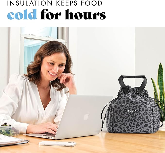 Fit & Fresh Lunch Bag For Women, Insulated Womens Lunch Bag For Work, Stain-Resistant Large Lunch Box For Women With Containers, Cinch Closure Cromwell Bag, Black Cheetah