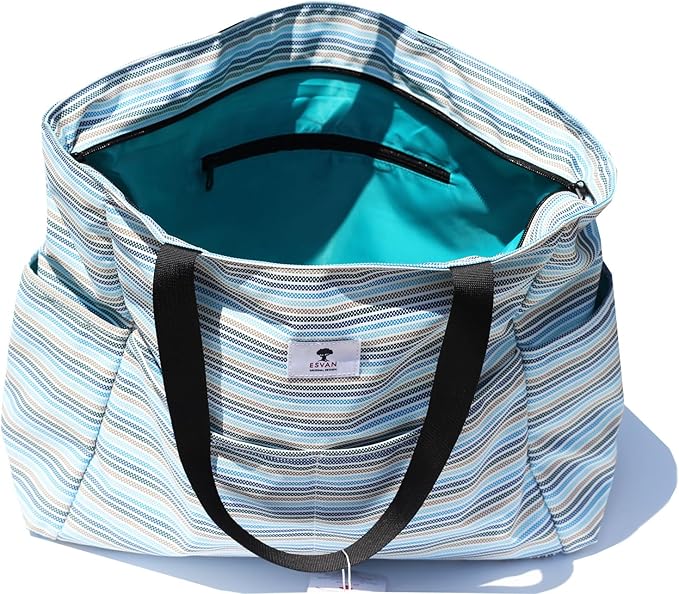 ESVAN Large Foldable Beach Bag for for Women with Dry Wet Compartment Waterproof Sandproof Travel Gym Picnic Handbag