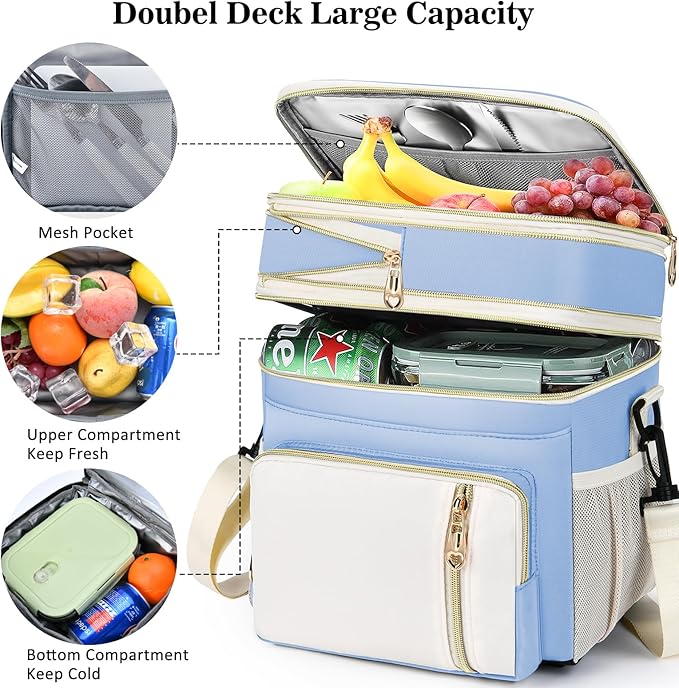 Lunch Box & Lunch Bag for Women, Large Insulated Adult Lunch Box Leakproof Lunchbox Cooler Bag for Work Picnic Beach,16L, Sky Blue & White