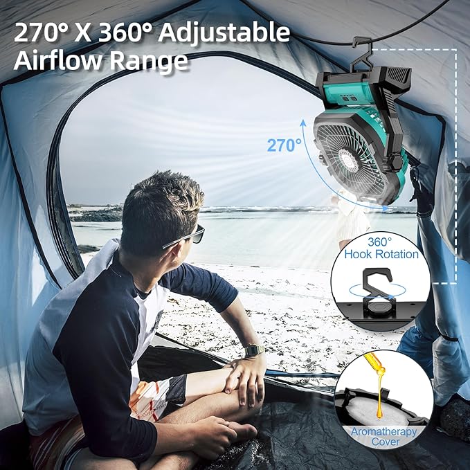 Camping Fan Rechargeable, 20000mAh Battery Powered Portable Fan with LED Light, 4-Speed 180° Adjustable, Camping Essentials for Tent, Travel, Car, Outdoor, Indoor, BBQ, Fishing, Jobsite - Blue