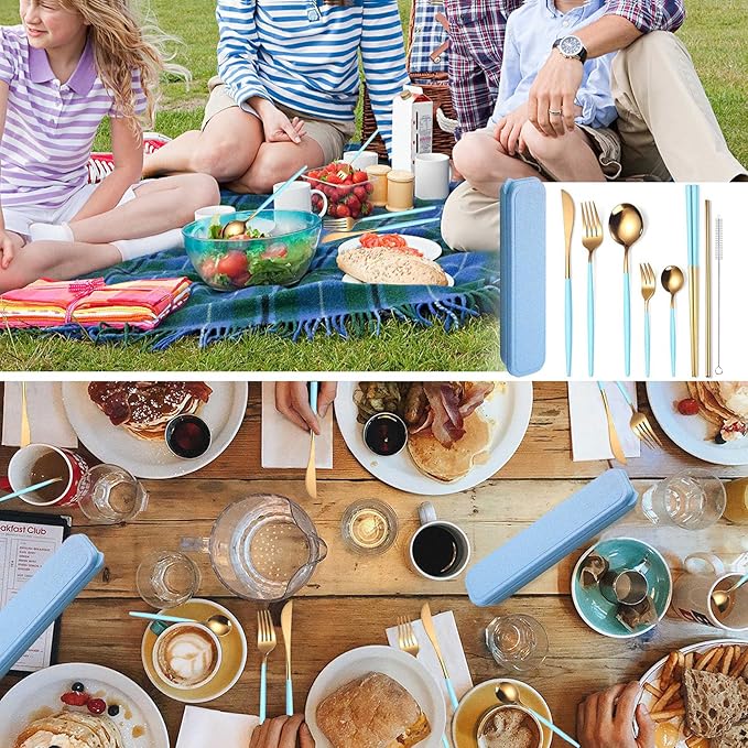AARainbow 8 Pieces Stainless Steel Flatware Set Portable Reusable Cutlery Set Travel Utensils Set Including Chopsticks Knife Fork Spoon Straws Cleaning Brush Dishwasher Safe (Light blue Golden)